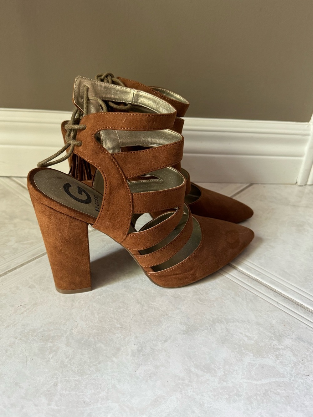 G by Guess Suede Strappy Tassel Block Heel Pumps in Cognac Brown - Picture 5 of 6